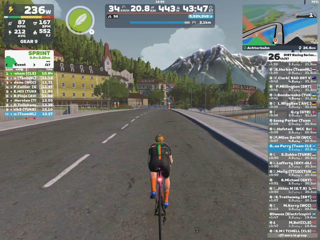 Cyclist's avatar in Team CLS attire riding towards snowcapped mountains with a church to the left and water to the right