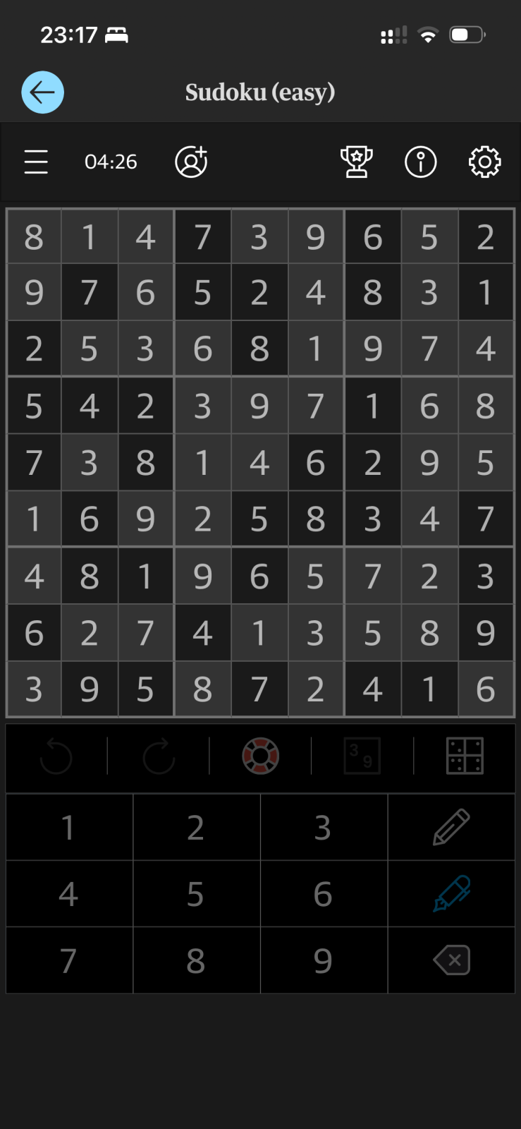 A completed easy Sudoku puzzle displayed on a mobile phone screen with a number pad at the bottom and a timer showing 04:26.