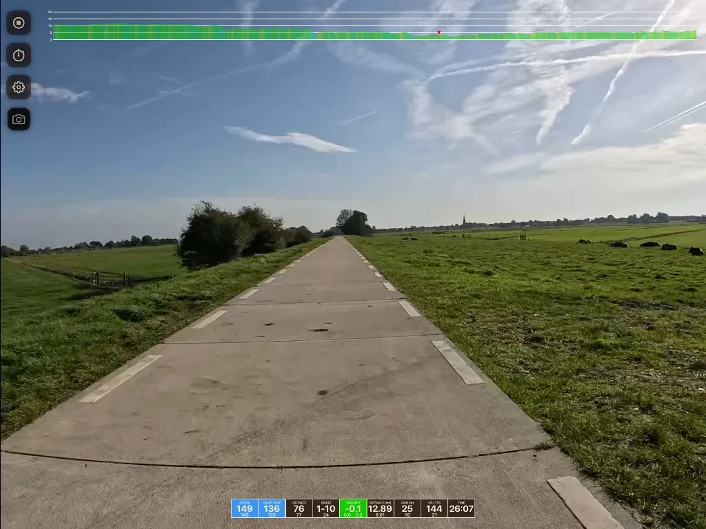 Straight asphalt path stretching through flat green fields under a partly cloudy sky, with trees lining the horizon and cycling data displayed at the bottom.