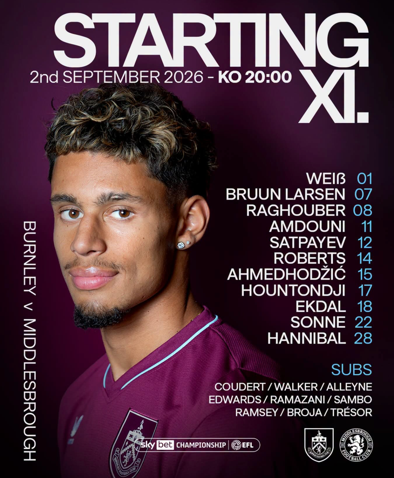 Burnley v Middlesbrough team sheet for September 2, 2026, showing starting lineup with player names and numbers on purple background.