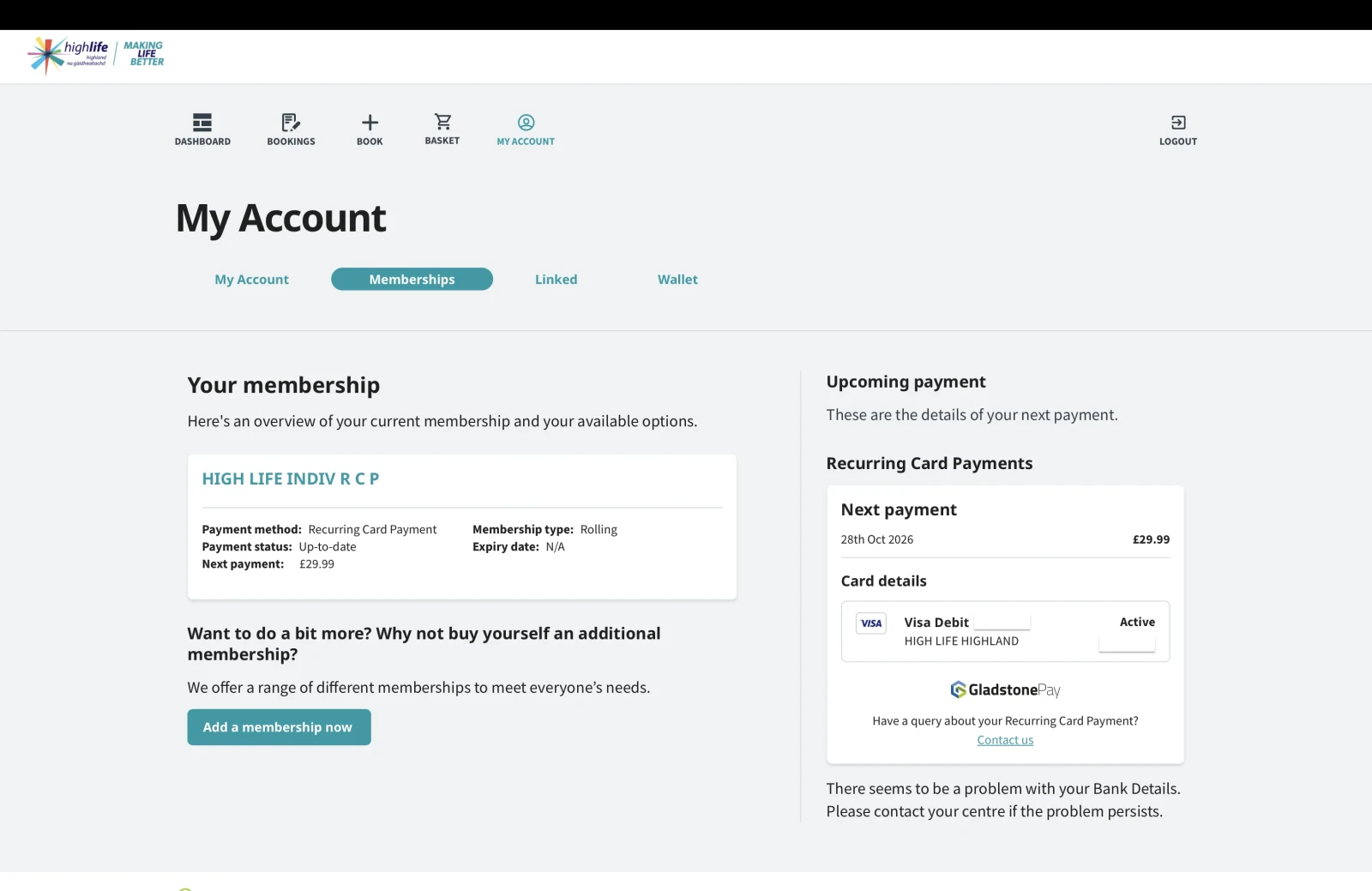 High Life membership account page showing active Visa Debit card with next payment of £29.99 due 28th October 2026 and a bank details warning message.