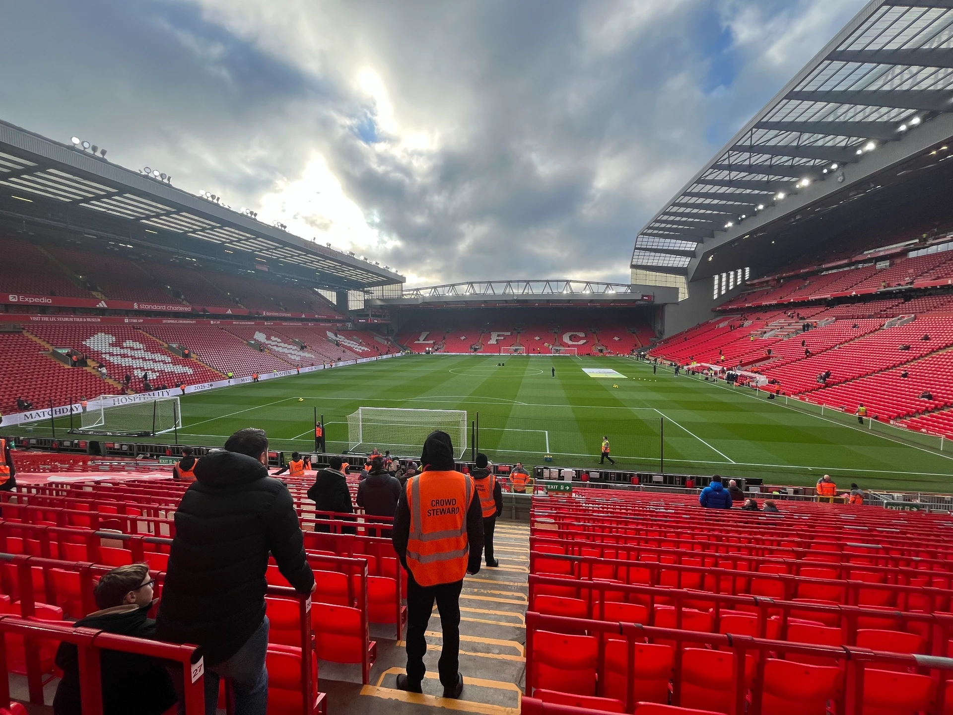 Looking across the pitch at an almost empty Anfield towards the Kop